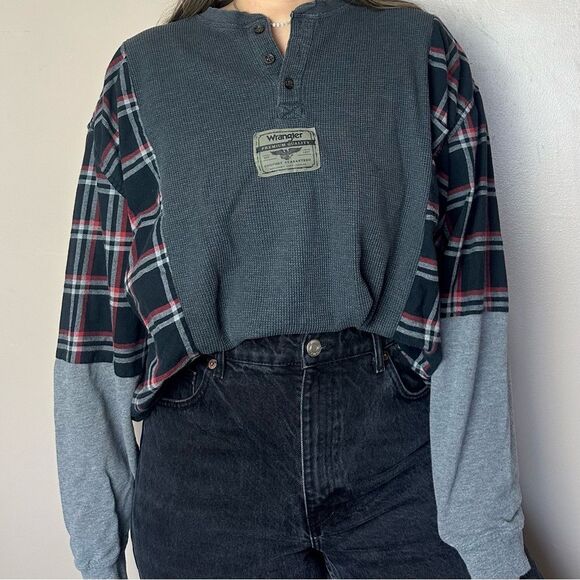 Reworked Vintage Wrangler Long Sleeve Henley Plaid Flannel Western Shirt Top - Picture 5 of 5